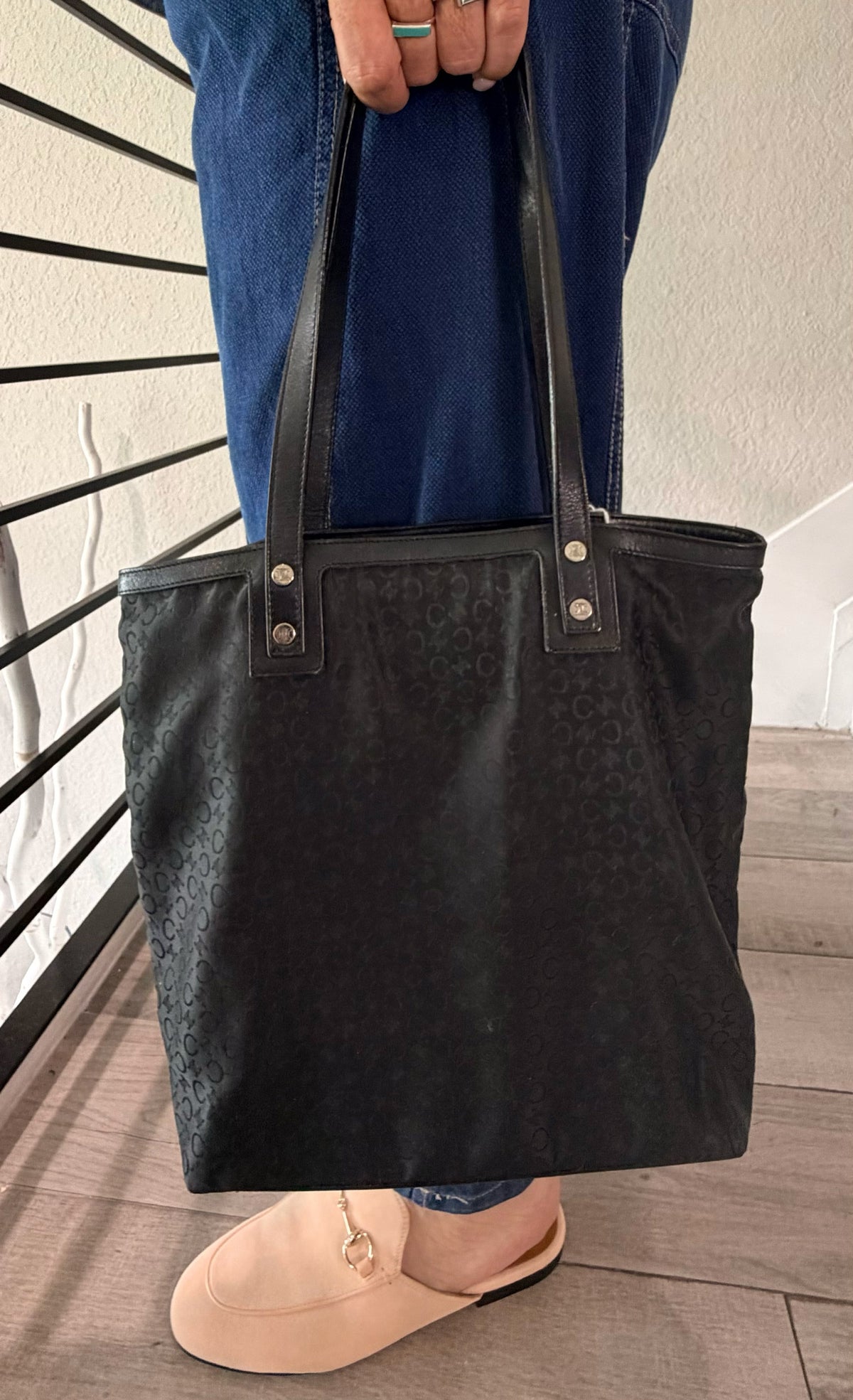Celine C Macadam Canvas Tote Bag Nylon Black Silver