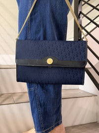 Christian Dior Trotter Pattern Canvas Navy Chain Shoulder Bag