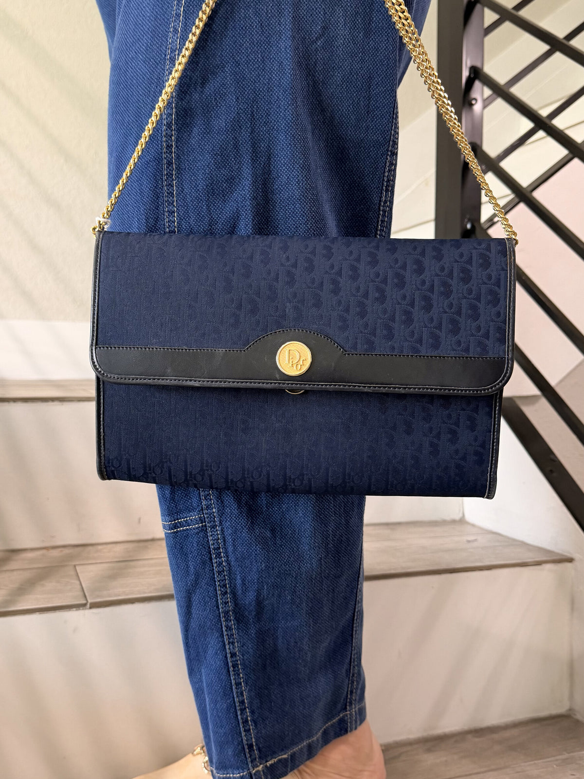 Christian Dior Trotter Pattern Canvas Navy Chain Shoulder Bag
