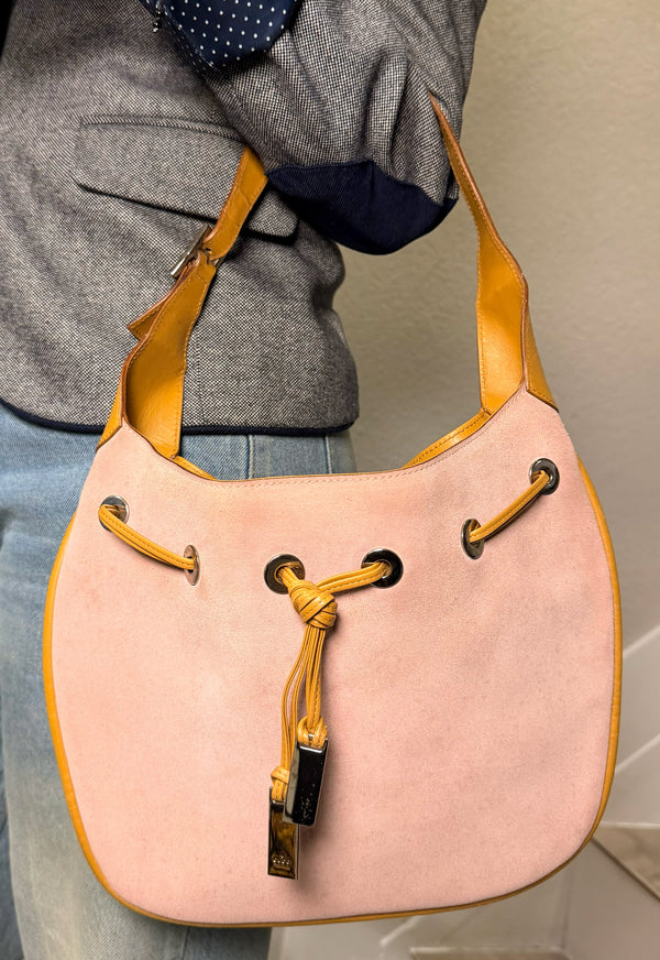 Gucci Suede Leather Pink Drawstring Shoulder Bag