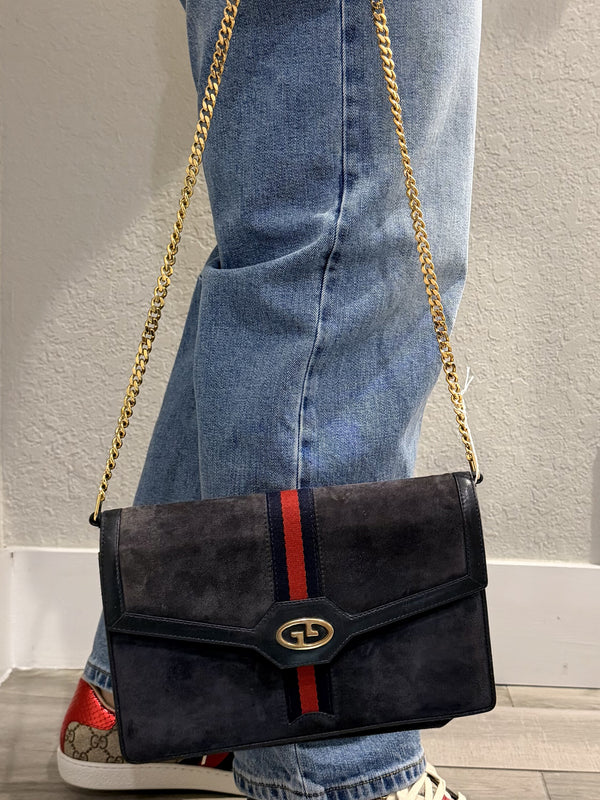 Gucci Sherry Line Suede Leather Navy Chain Shoulder Bag