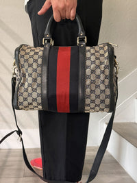 GUCCI GG Canvas Sherry Line Boston Bag Navy Gold