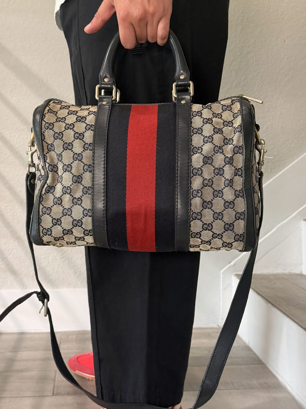GUCCI GG Canvas Sherry Line Boston Bag Navy Gold