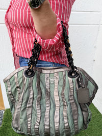 Prada Logo Tessuto Nylon Leather Gray Green Plastic Chain Tote Bag