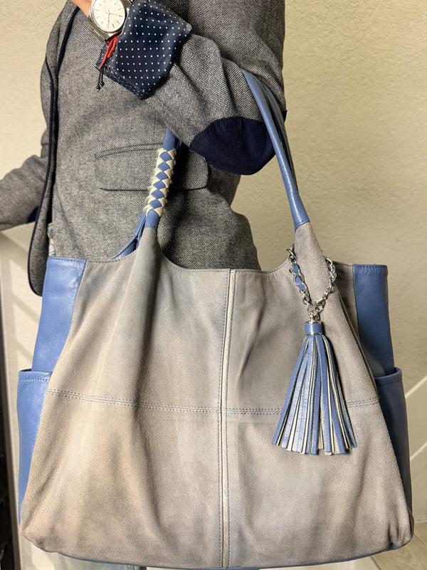 GINZA Kanematsu - Dark Gray Light Blue Suede Leather Tote Bag
