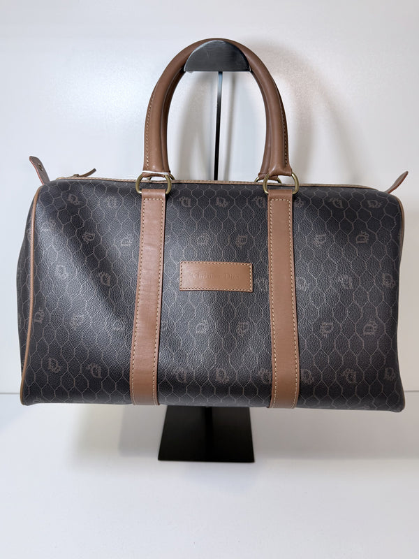 Christian Dior Honeycomb PVC Leather Black Brown Boston Bag