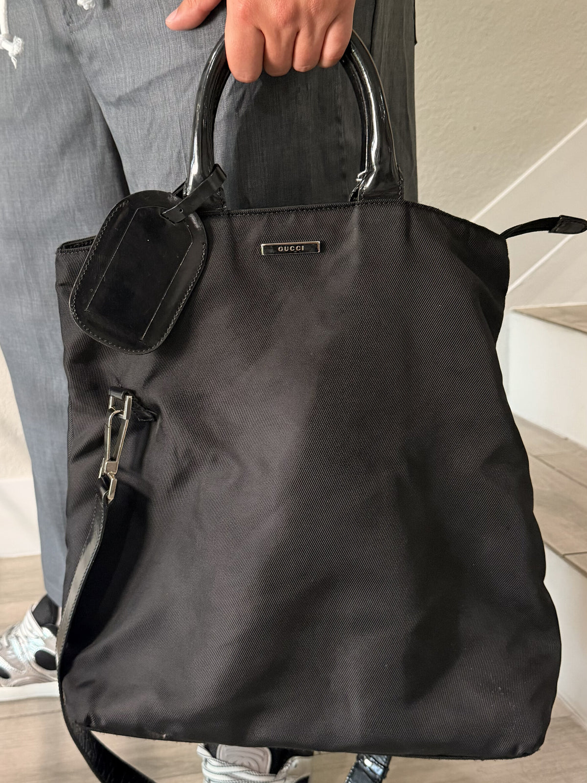 GUCCI Hand Bag Nylon 2way Black Silver