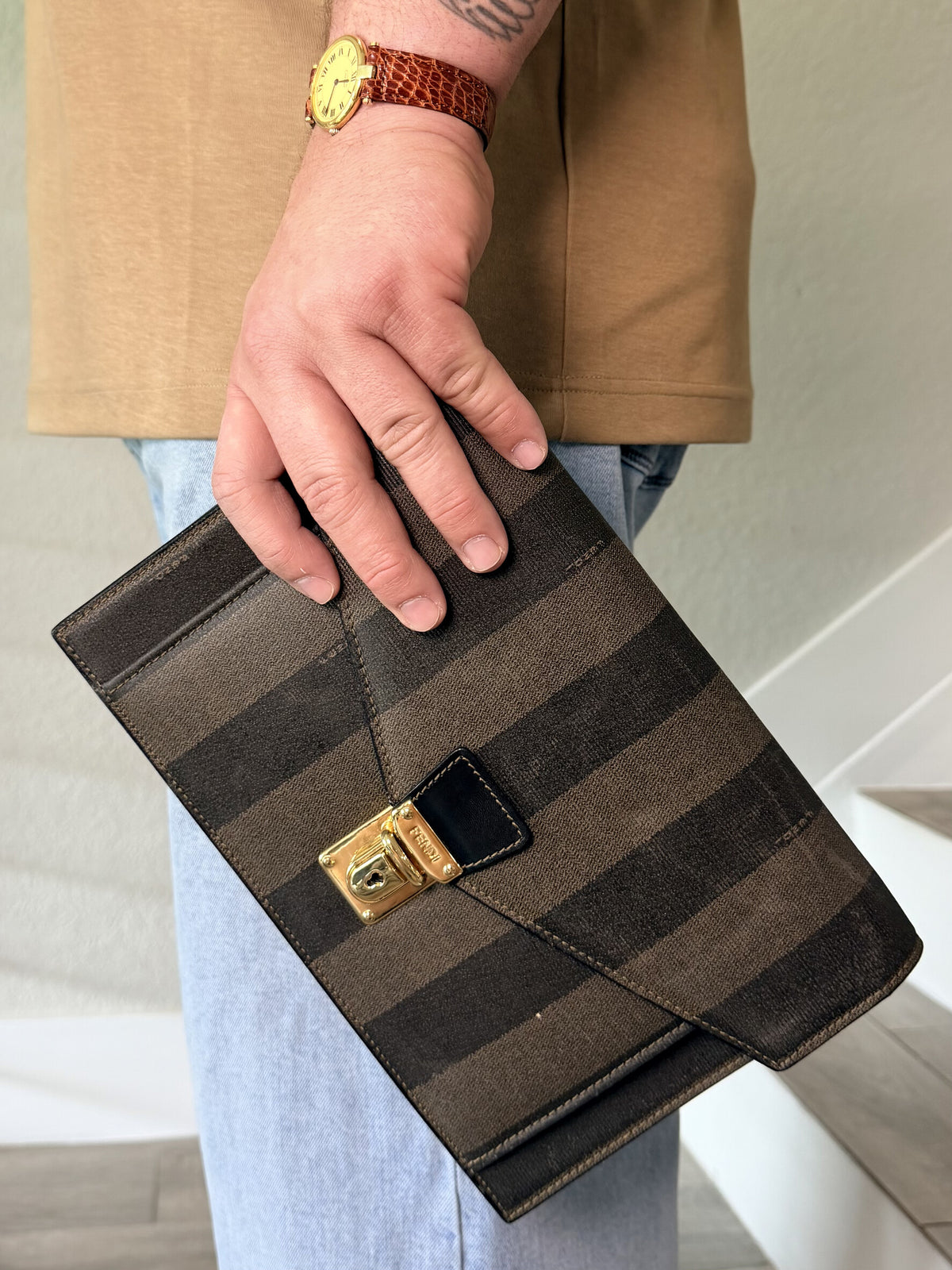 Fendi Pecan Pattern Khaki PVC Stripe Gold Hardware Clutch Bag