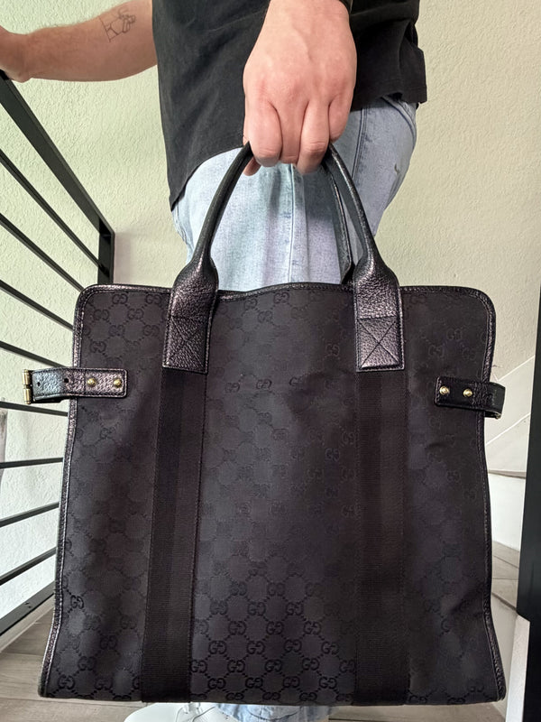 Gucci GG Canvas Leather Black Side Buckle Hand Bag