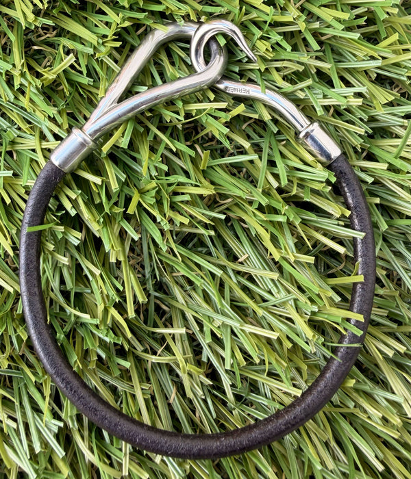 Hermès Black Leather Silver Metal Jumbo H Bracelet